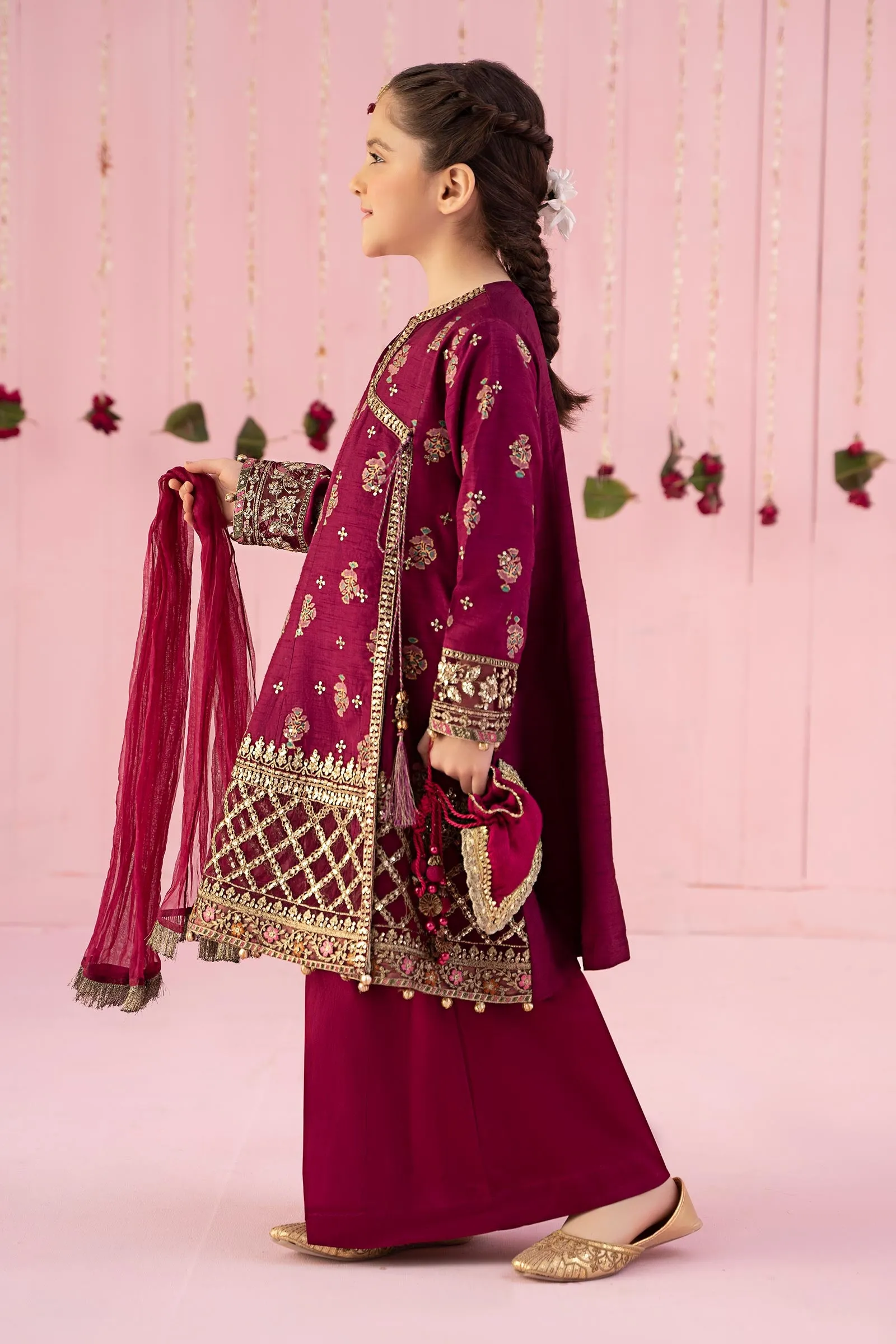 3 Piece Embroidered Raw Silk Suit | MKS-EF24-43