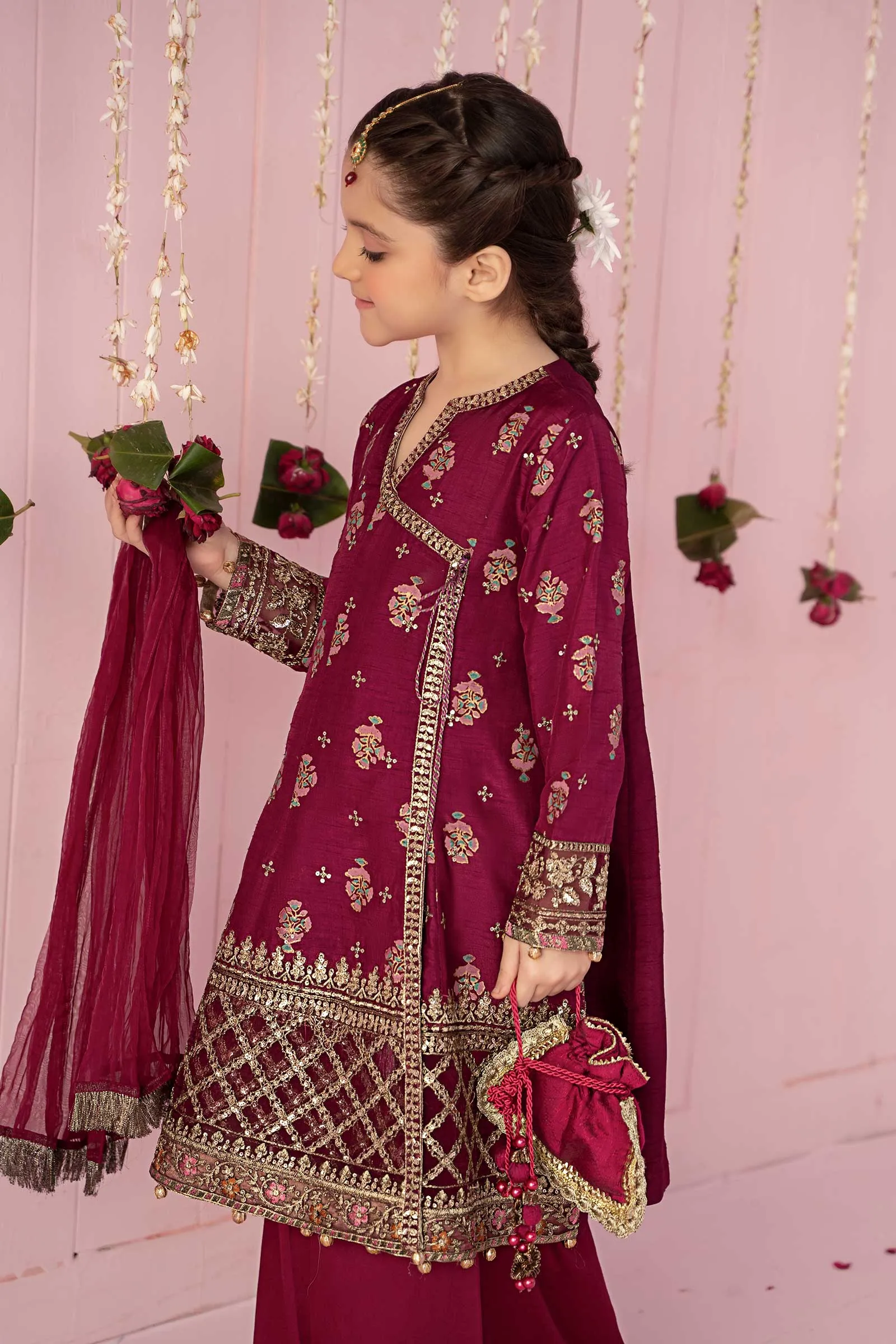 3 Piece Embroidered Raw Silk Suit | MKS-EF24-43