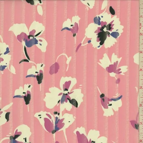 3/4 YD PC-Baby Pink/White Burnout Stripe Floral Chiffon Fabric