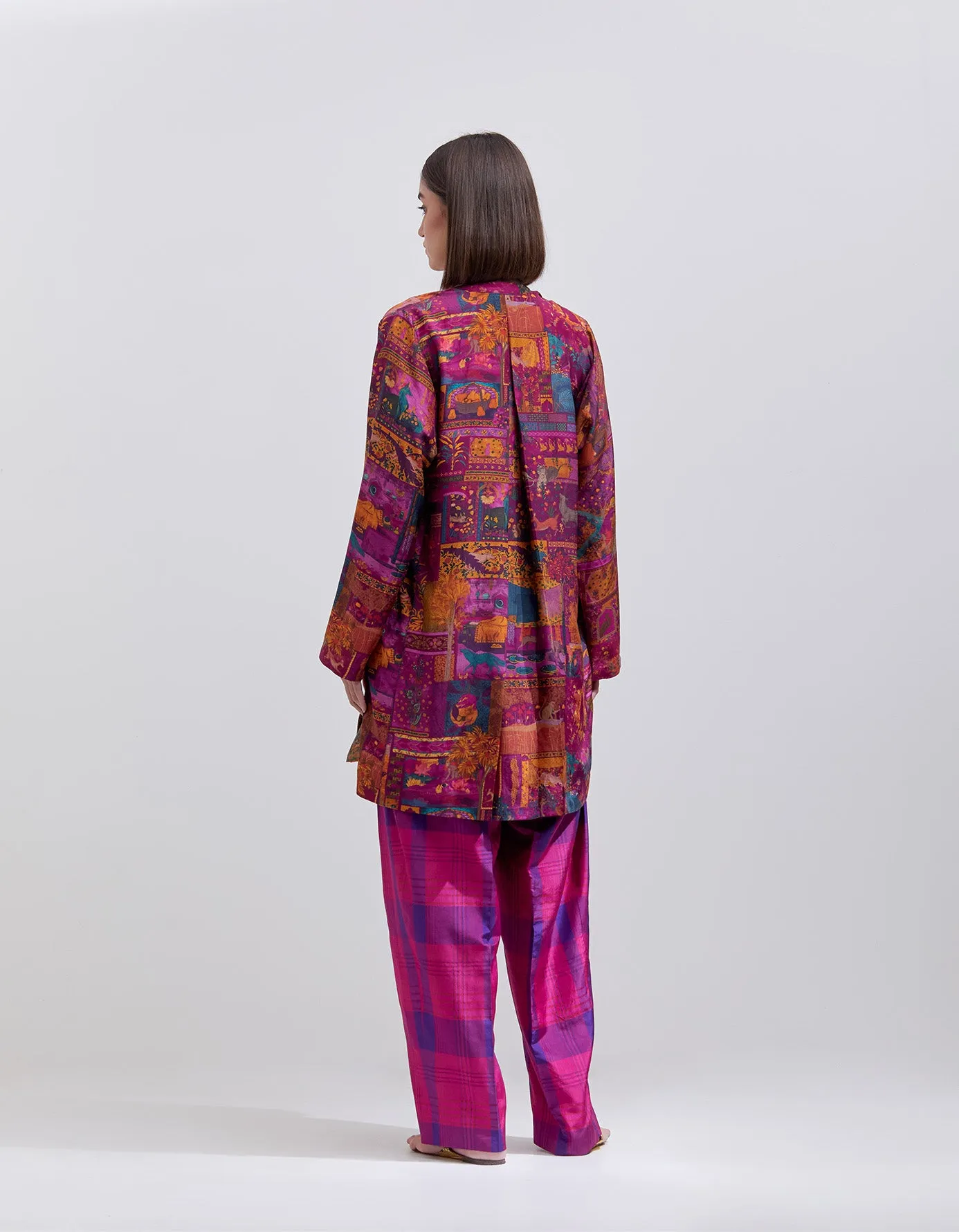 6 Pleat Trousers Silk Dupion Check Purple