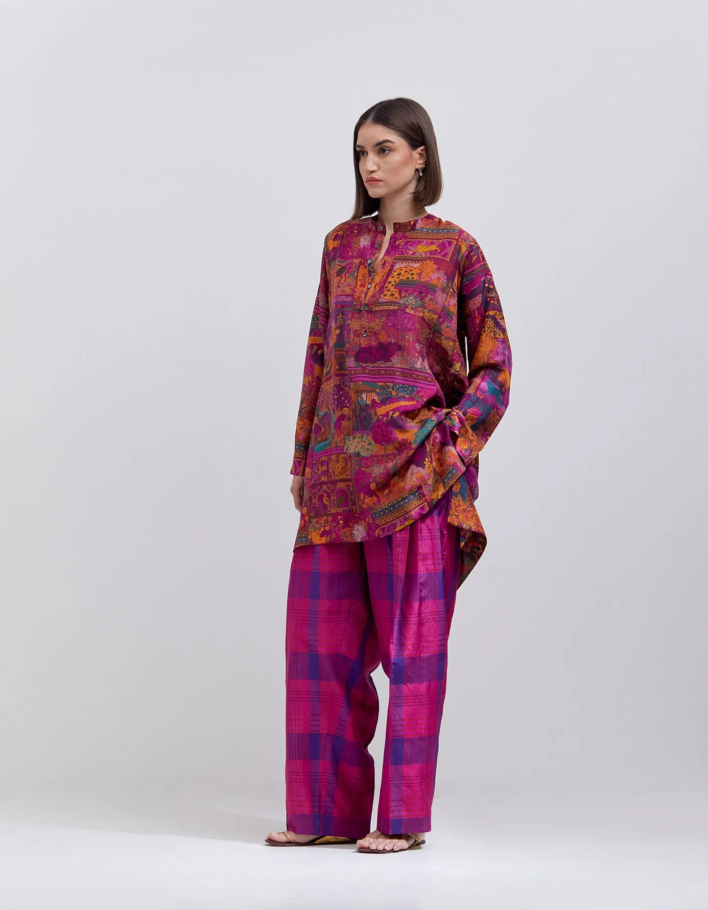 6 Pleat Trousers Silk Dupion Check Purple