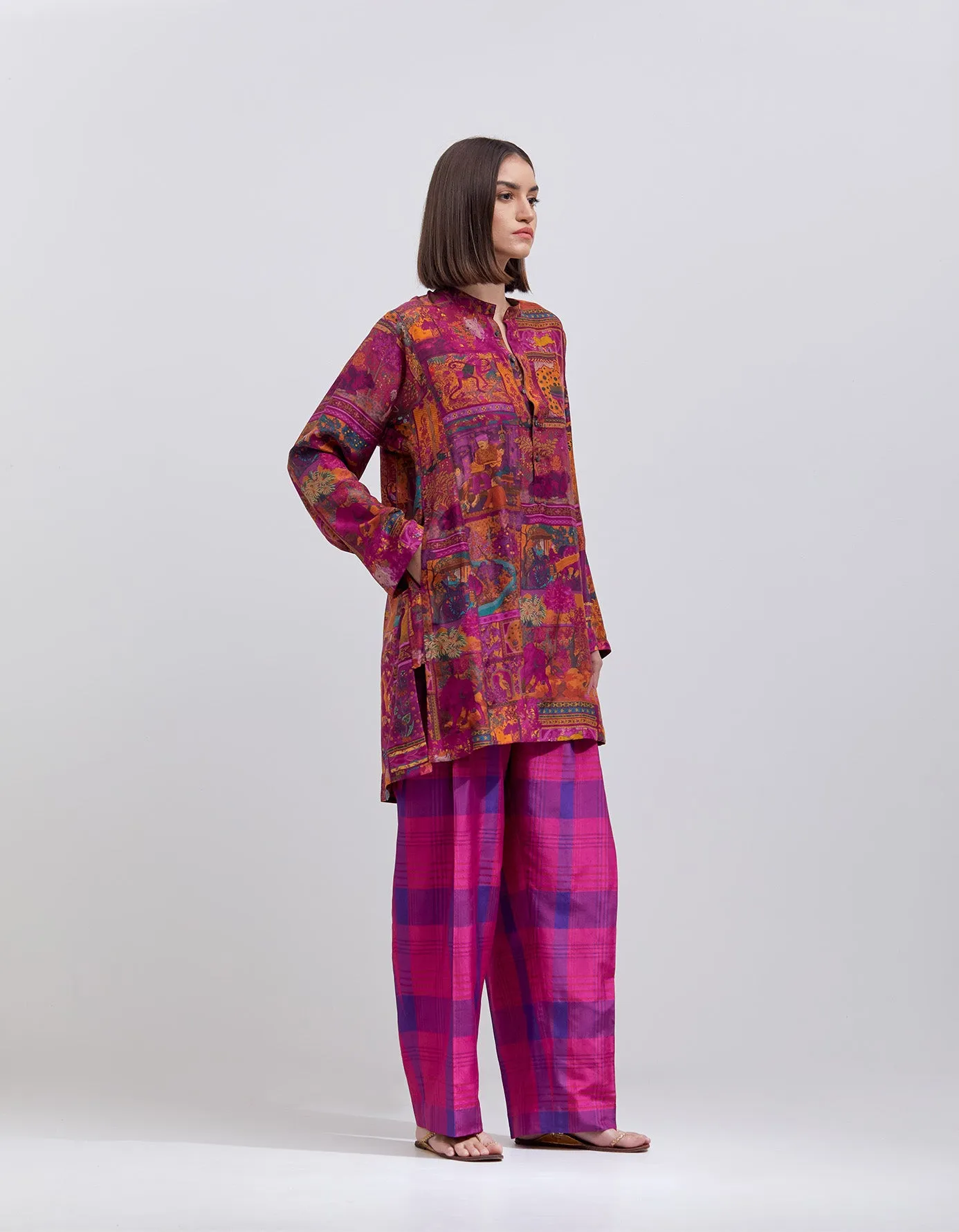 6 Pleat Trousers Silk Dupion Check Purple