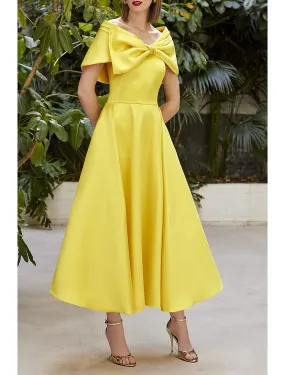 A-Line Cocktail Dresses Elegant Dress Wedding Cocktail Party Tea Length Short Sleeve Off Shoulder Italy Satin with Bow(s)