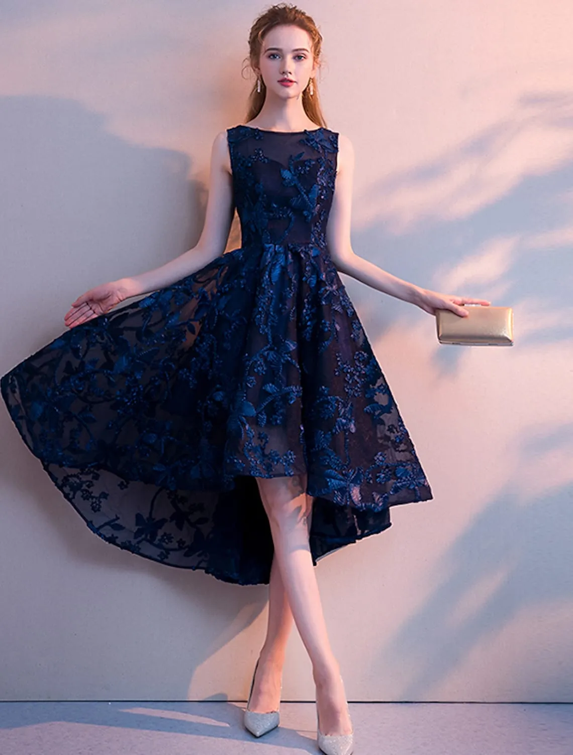 A-Line Cocktail Dresses Minimalist Dress Party Wear Asymmetrical Sleeveless Jewel Neck Tulle with Pleats Pattern / Print