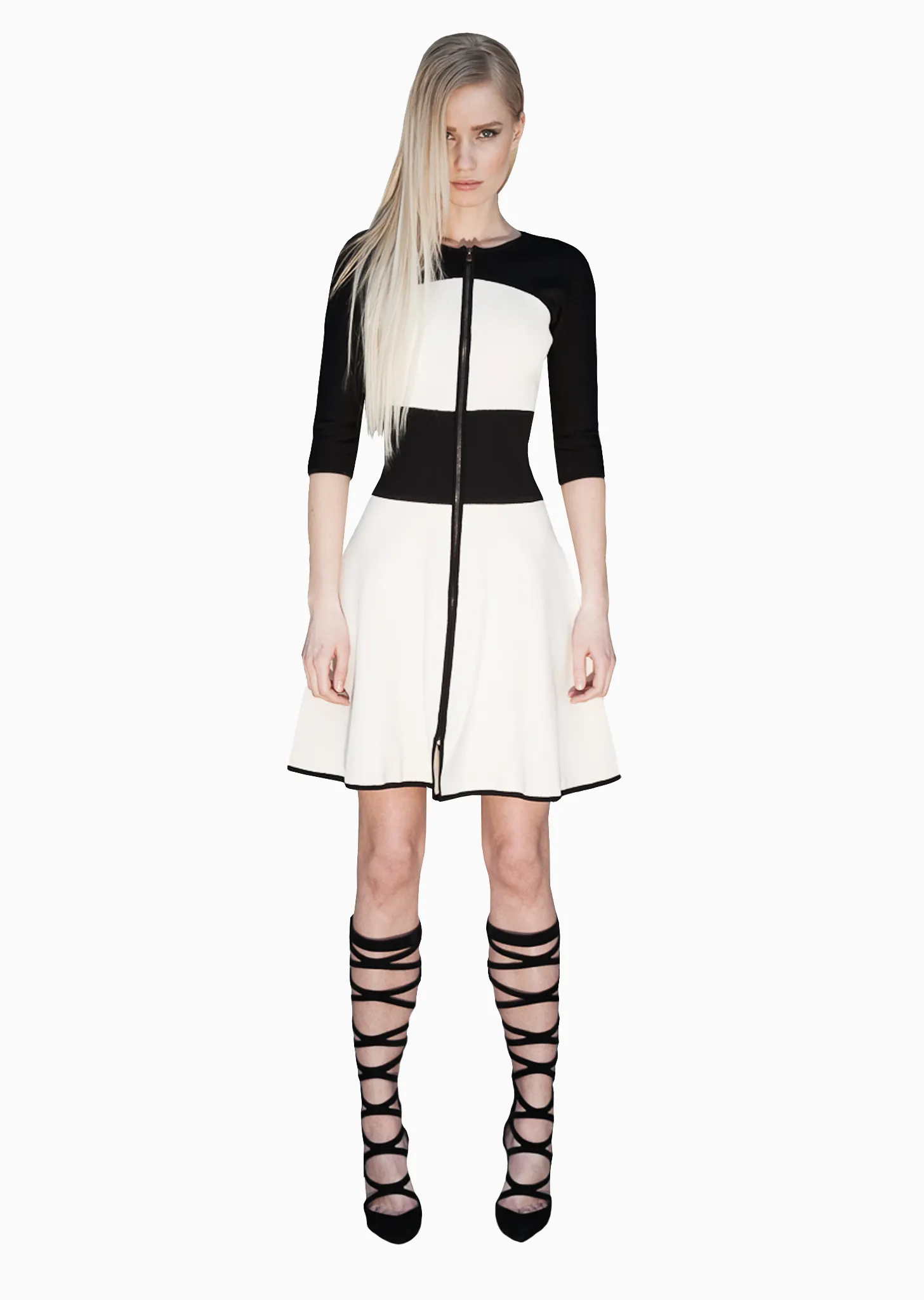 Aimee - Knitted, Empire Waist, White and Black Dress