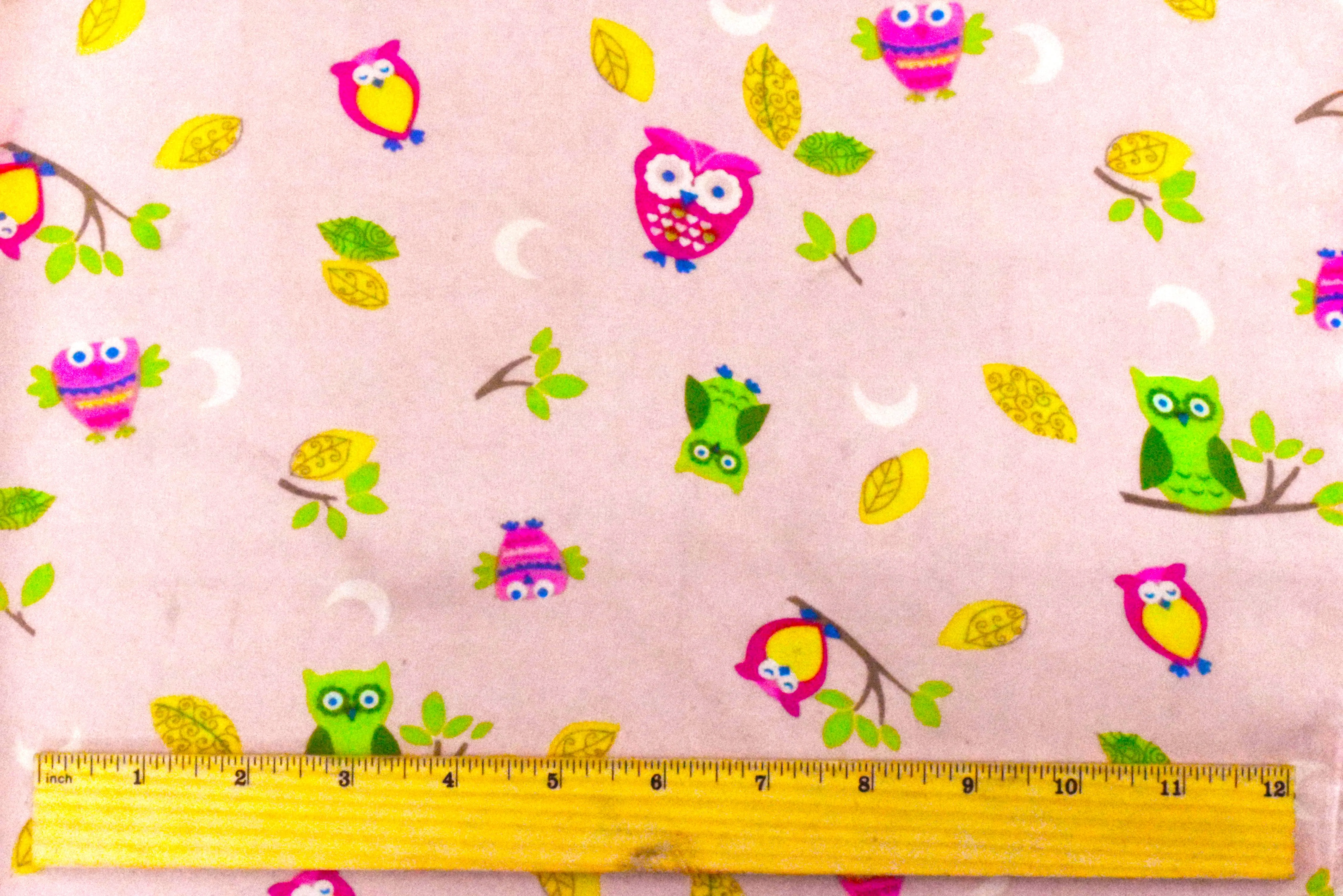 Apricot Pink-Multi Cartoon Owl Leaves Printed Poly Chiffon Woven Fabric