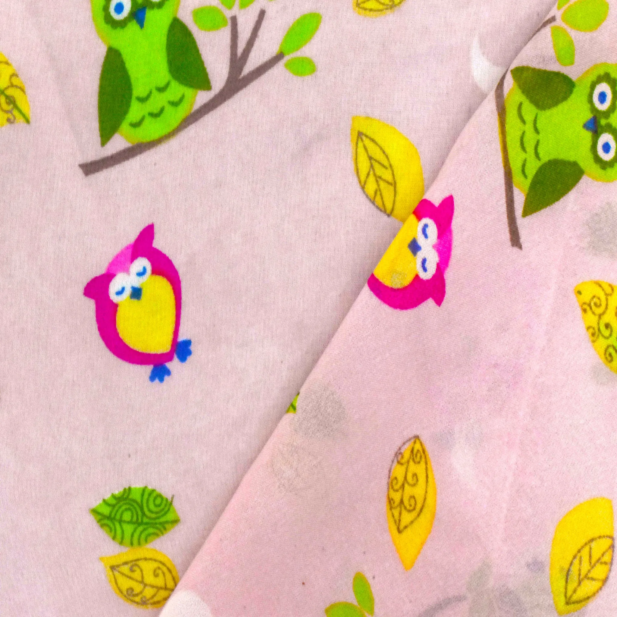 Apricot Pink-Multi Cartoon Owl Leaves Printed Poly Chiffon Woven Fabric