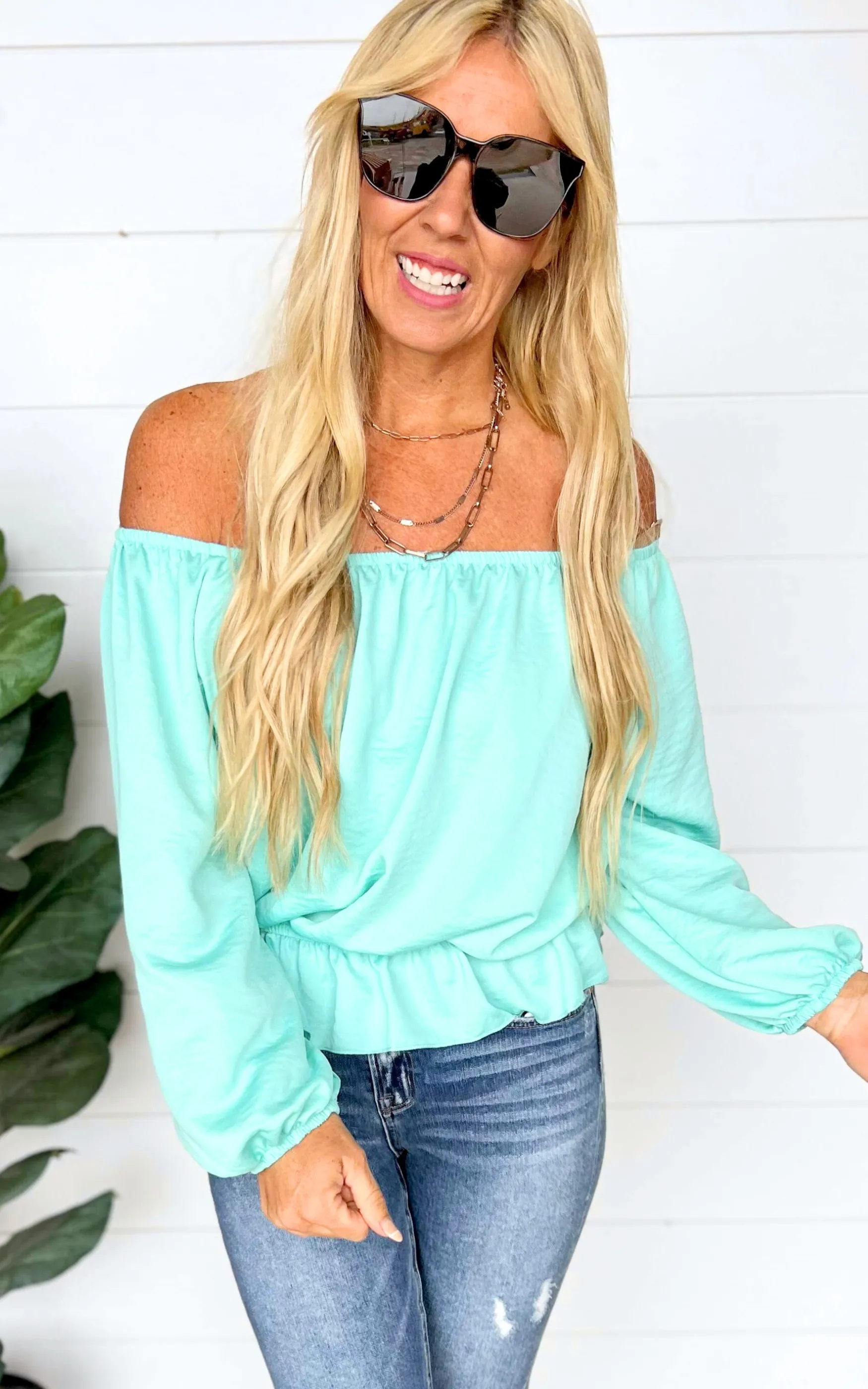 Aqua Off Shoulder Balloon Sleeve Ruffle Bottom Top