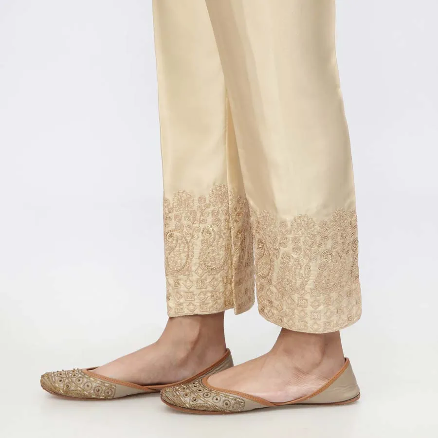 Beige Embroidered Shamouse Silk Trouser PW3694