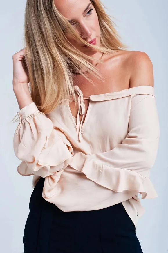 Beige Flowing Off Shoulder Blouse