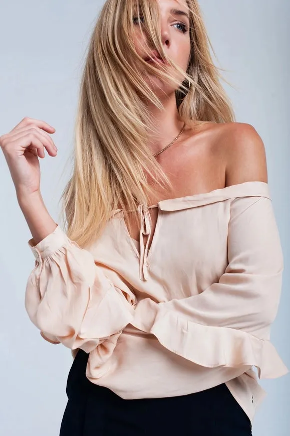 Beige Flowing Off Shoulder Blouse