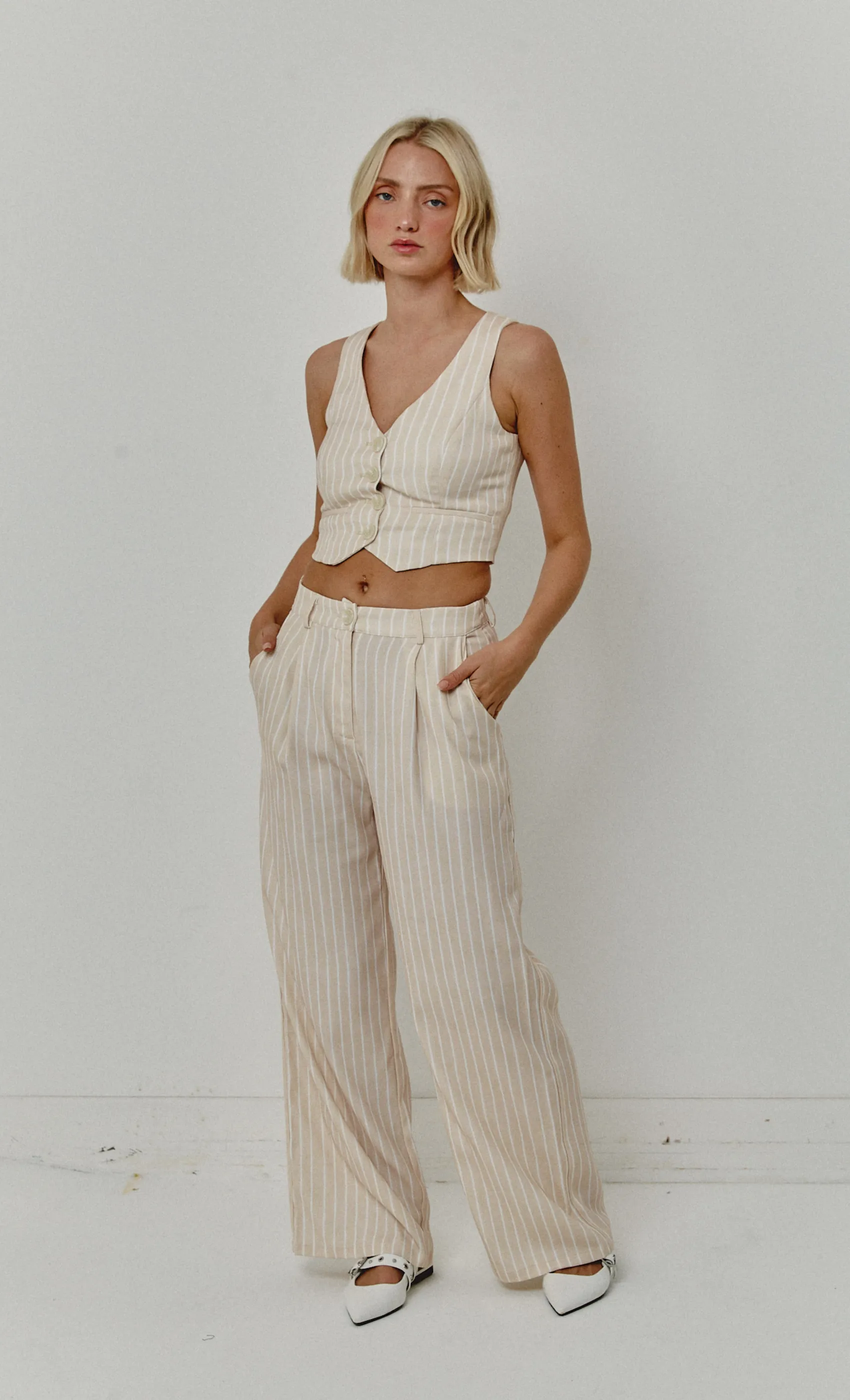 BEIGE PINSTRIPE TAILORED TROUSERS