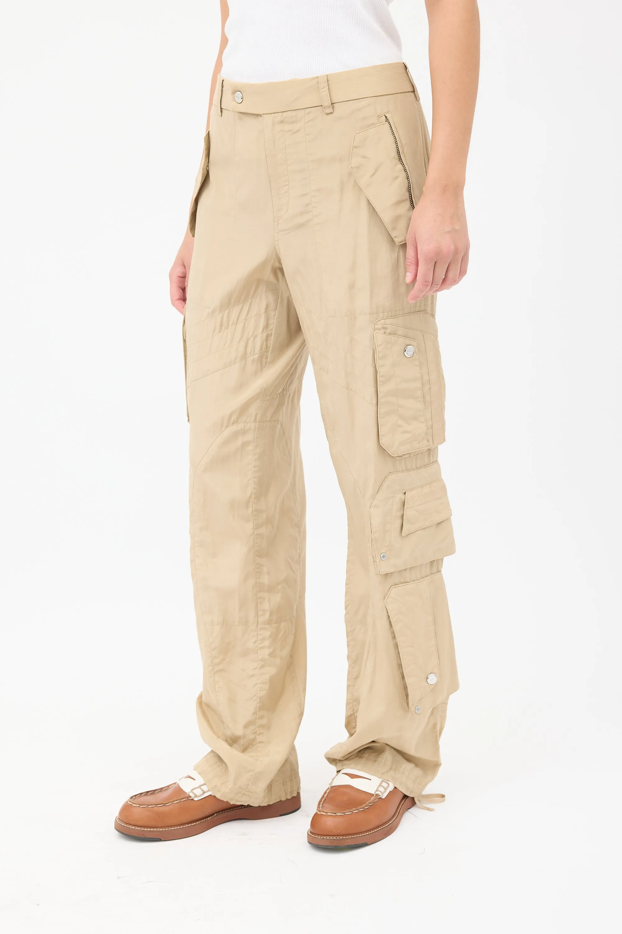 Beige Silk & Cotton Cargo Trouser