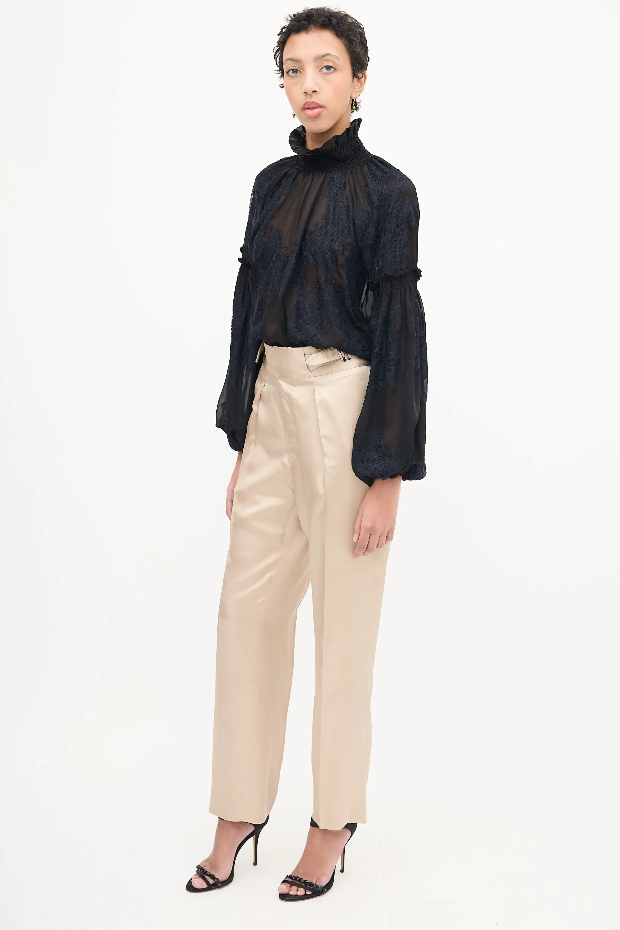 Beige Silk Strap Detail Trouser