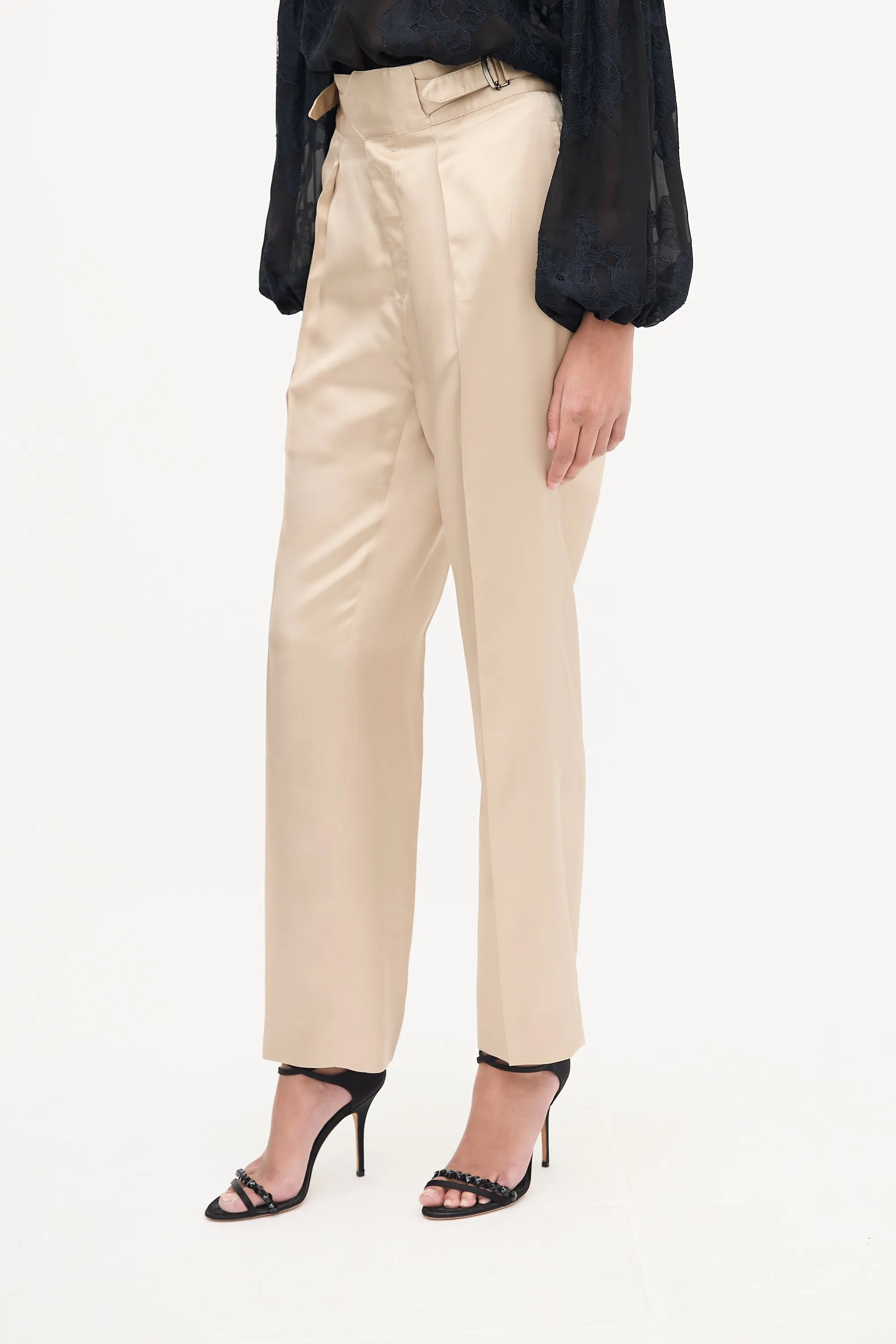 Beige Silk Strap Detail Trouser