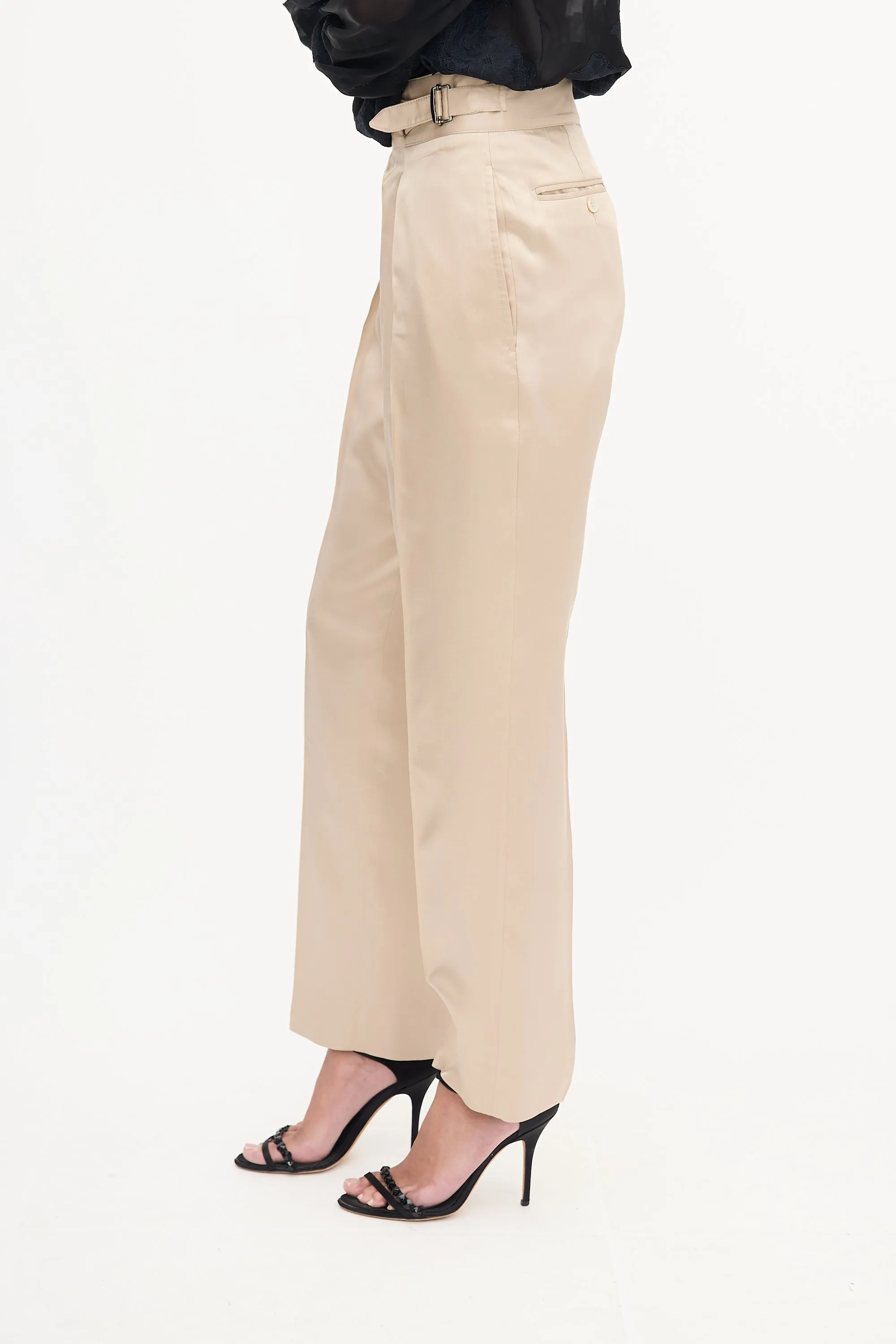 Beige Silk Strap Detail Trouser