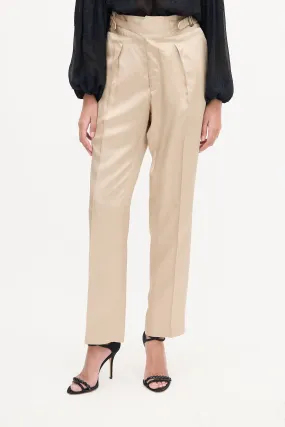 Beige Silk Strap Detail Trouser