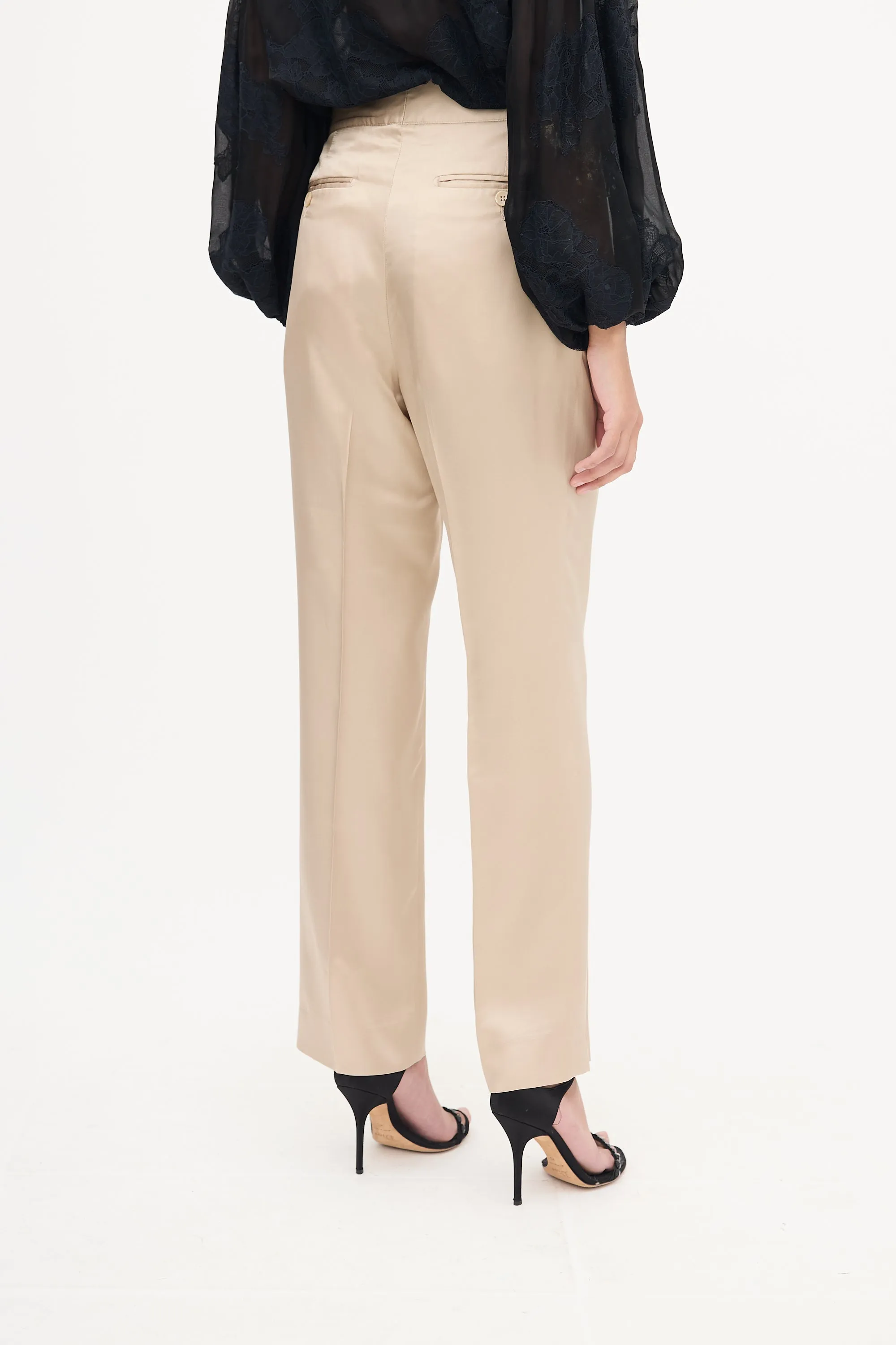 Beige Silk Strap Detail Trouser