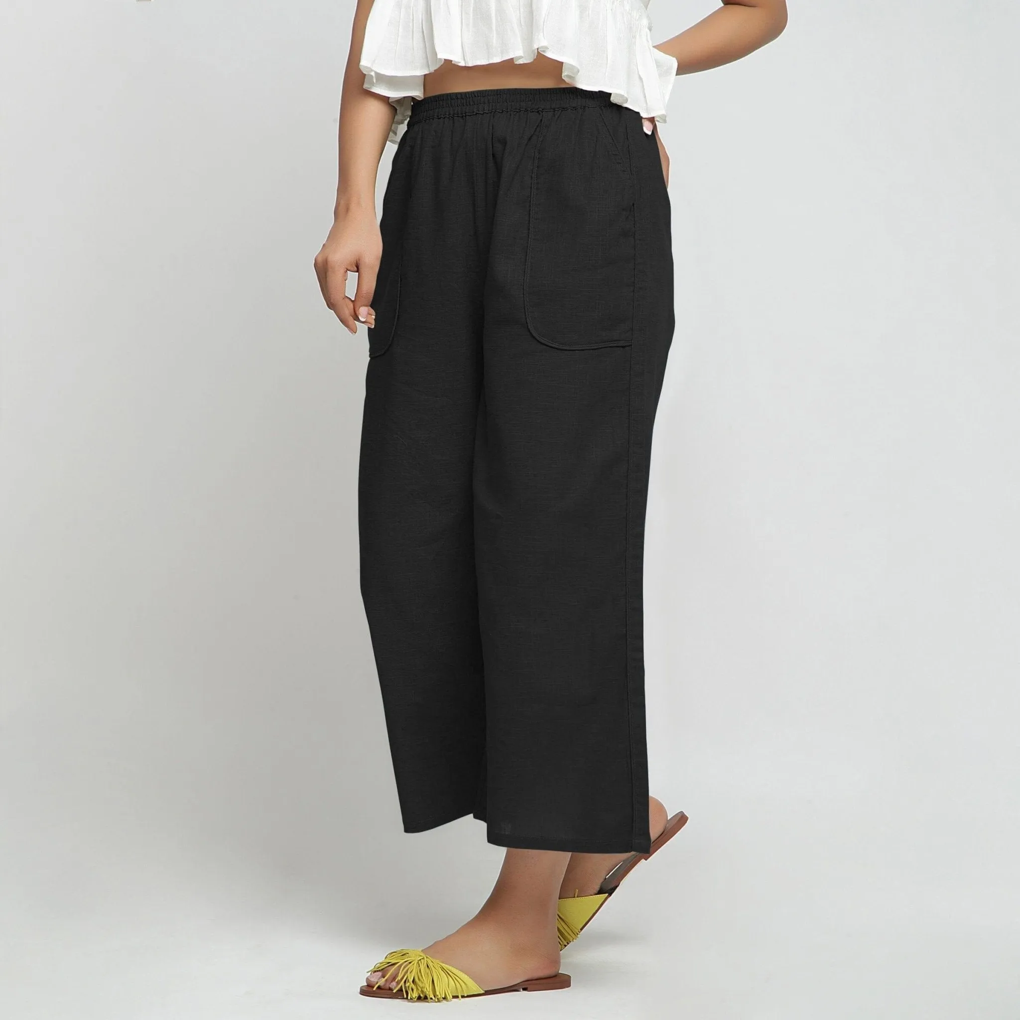 Black 100% Cotton Mid-Rise Elasticated Wide Legged Pant