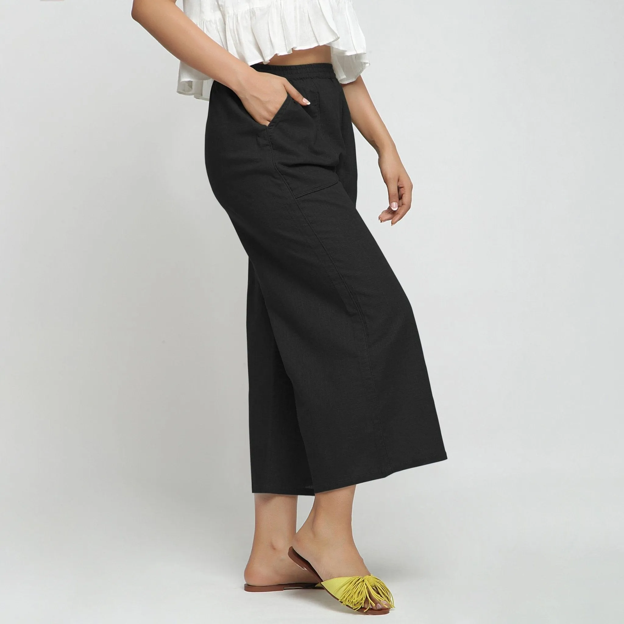 Black 100% Cotton Mid-Rise Elasticated Wide Legged Pant