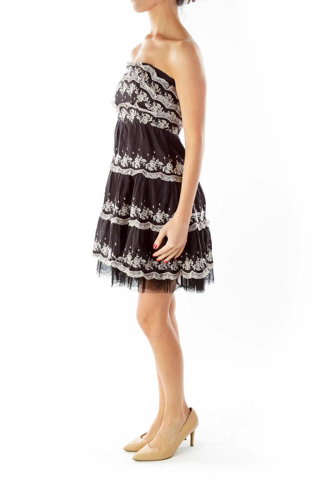 Black Lace Tiered Strapless Mini Dress