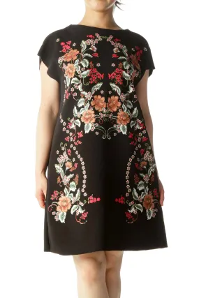 Black Orange Red White Floral Print Cap Sleeves Textured Pull-On Dress