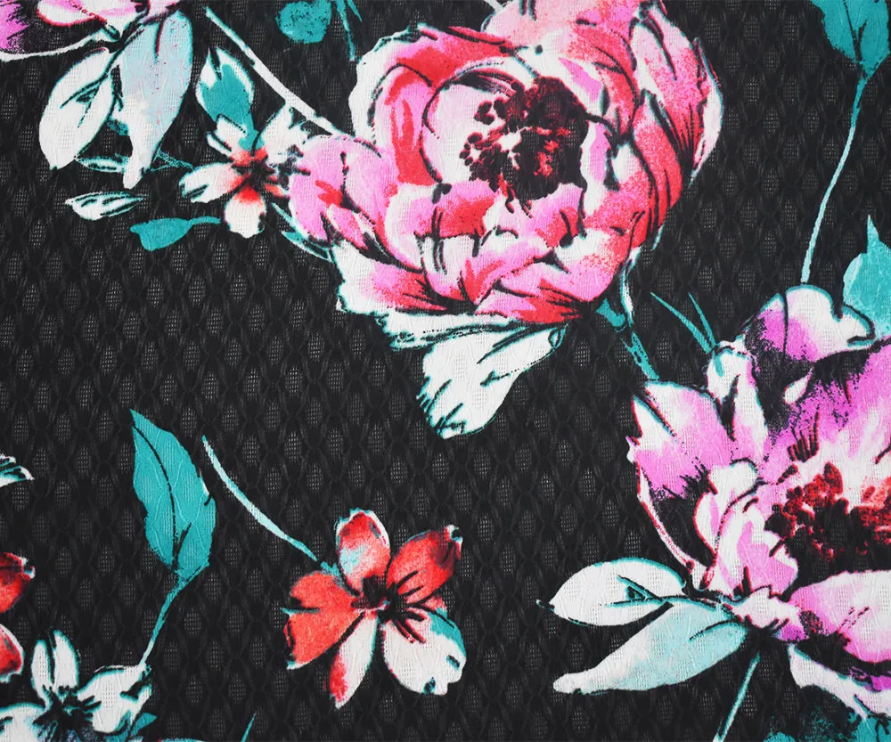 Black-Pink-Multi Floral Printed Ogee Texture Dobby Chiffon Woven Fabric