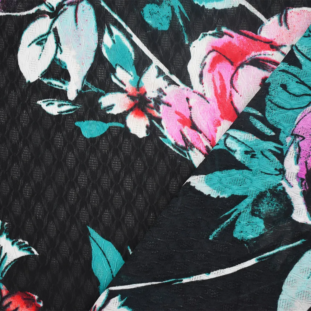 Black-Pink-Multi Floral Printed Ogee Texture Dobby Chiffon Woven Fabric