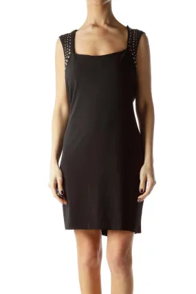 Black Stretch Metallic Neck Embellished Dress