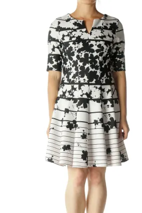 Black White Floral Print V-Neck Dress