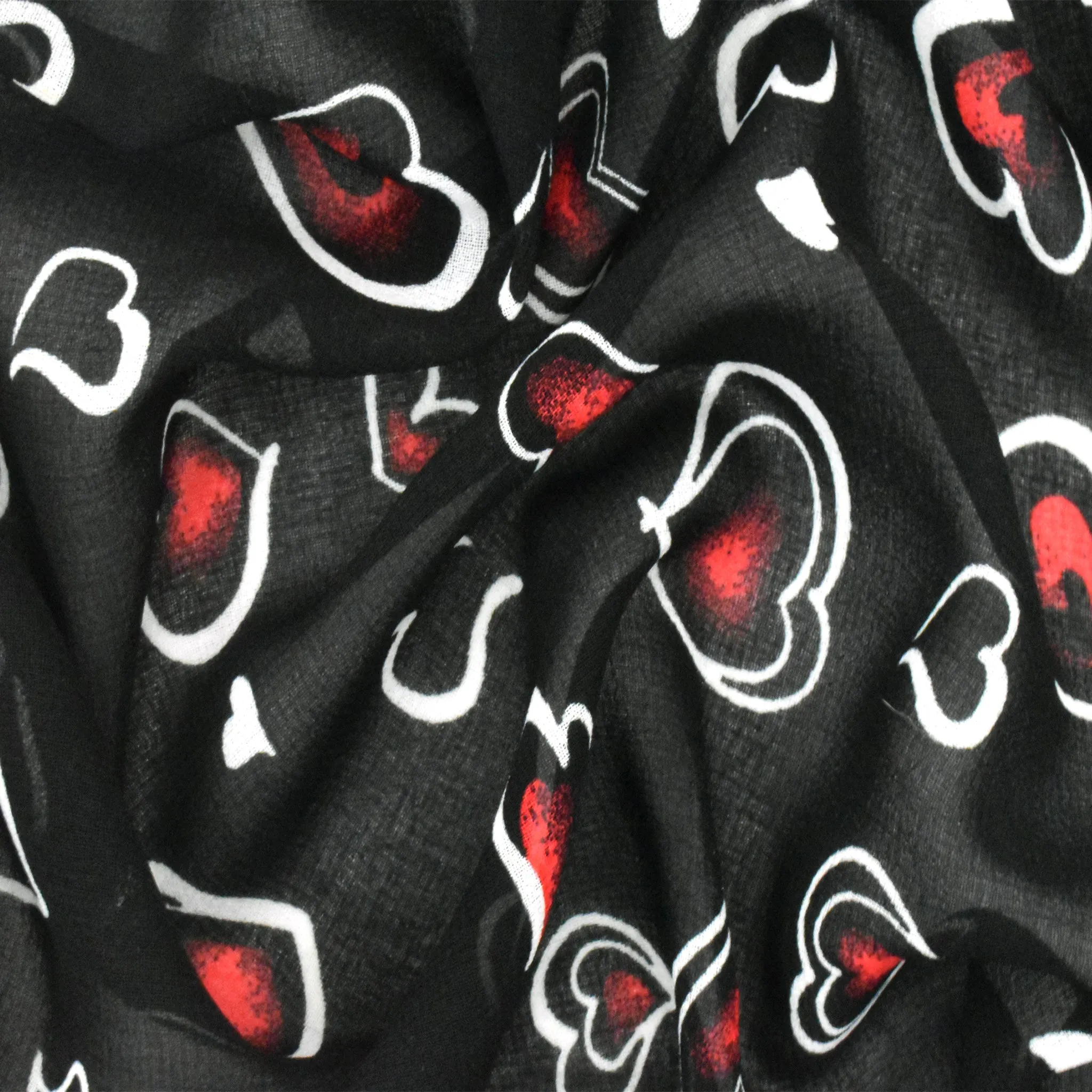 Black-White-Red Heart Printed Poly Chiffon Woven Fabric