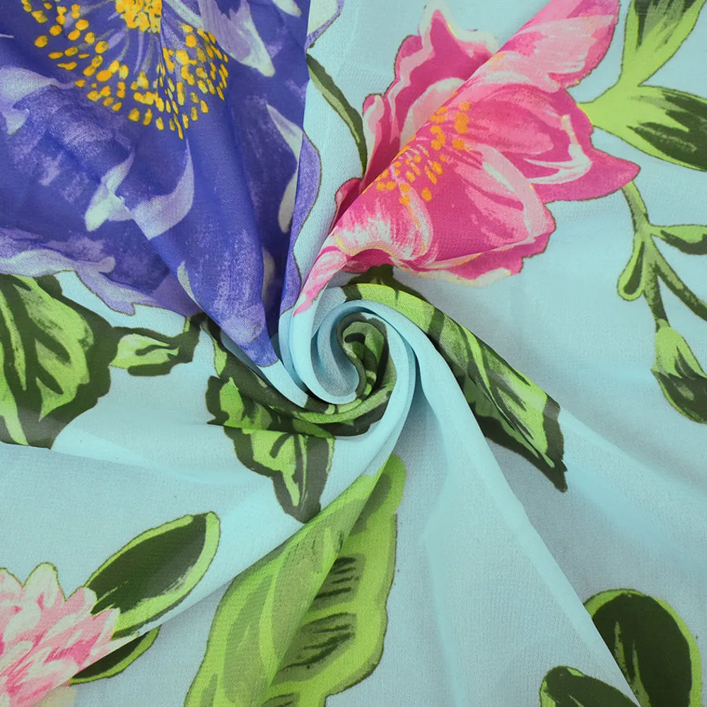 Blue-Pink-Multi Floral Printed Poly Chiffon Woven Fabric