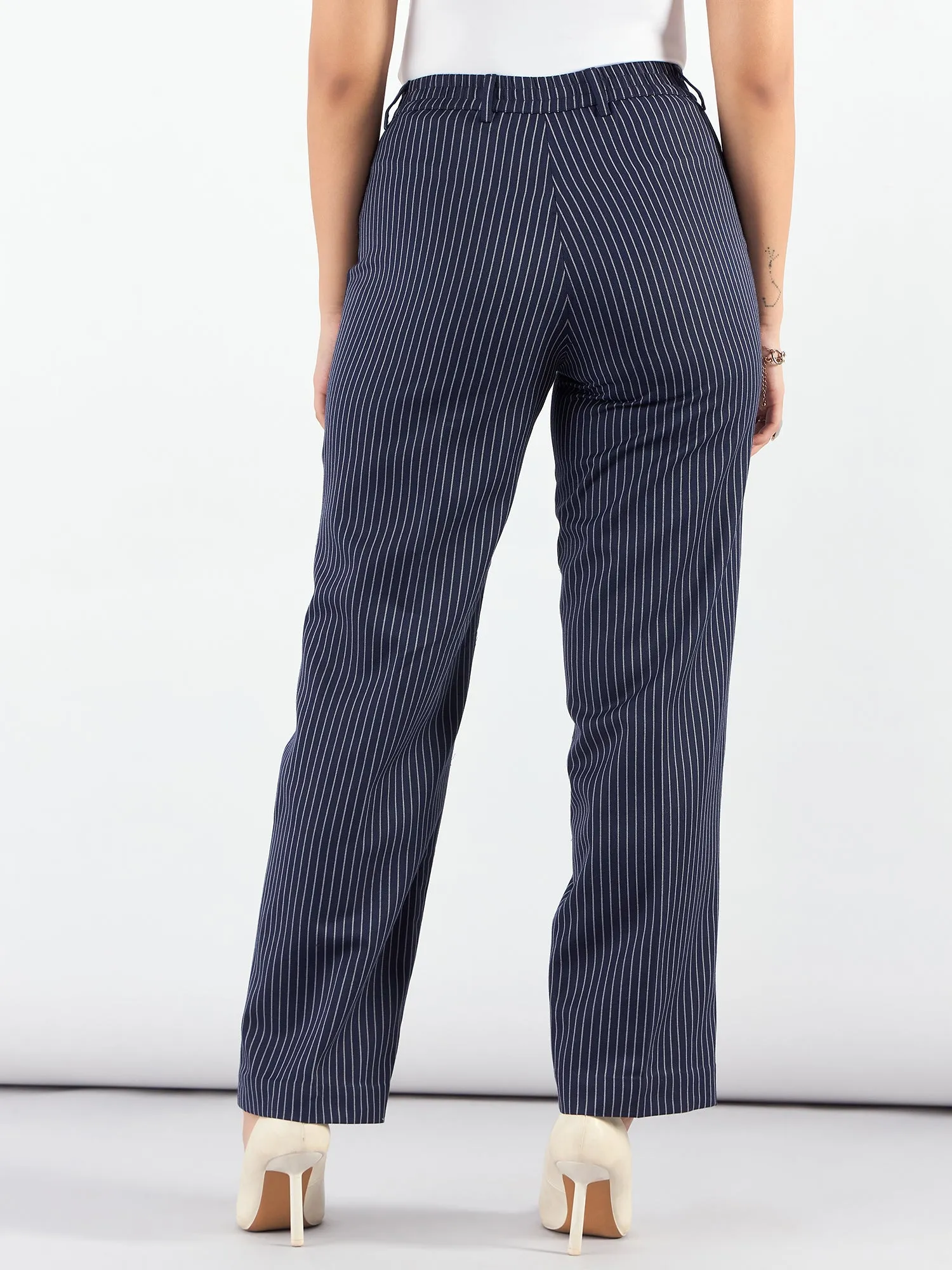 Blue-Striped High Waist Tailored Trousers