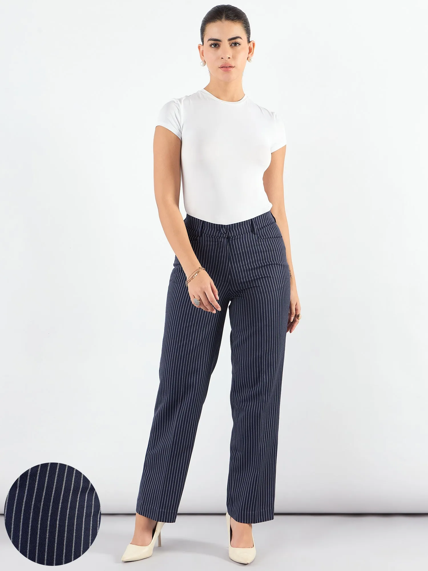 Blue-Striped High Waist Tailored Trousers