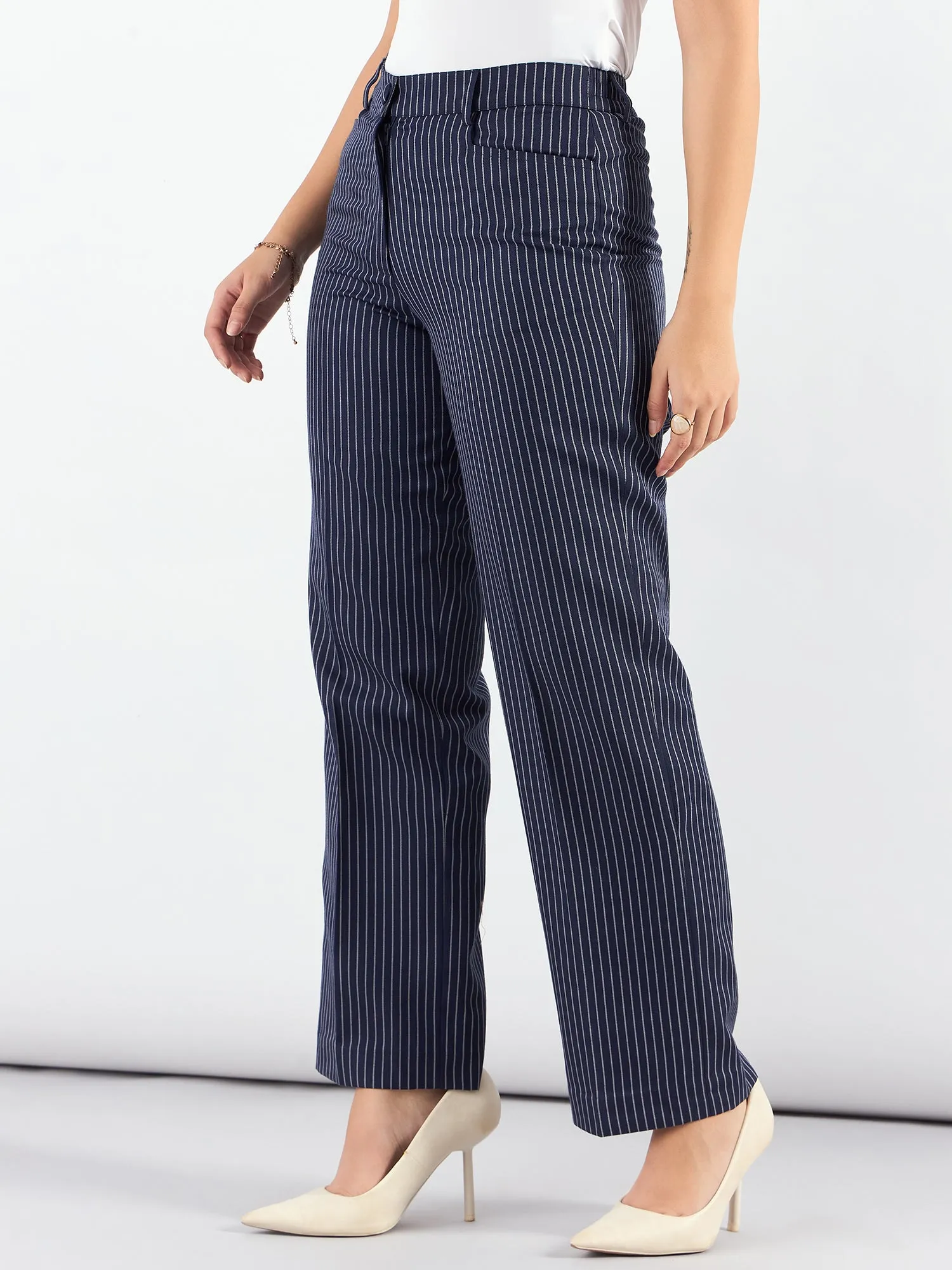 Blue-Striped High Waist Tailored Trousers