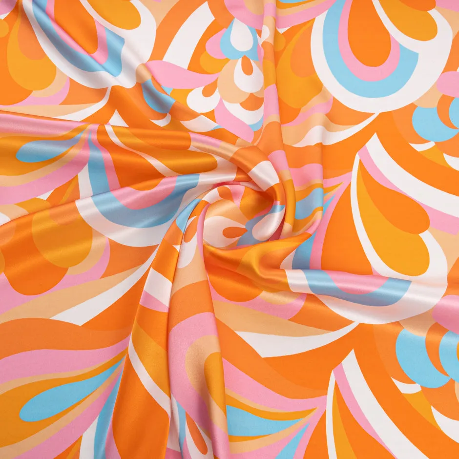 Bright Orange, Pink & Blue Printed Silk Satin