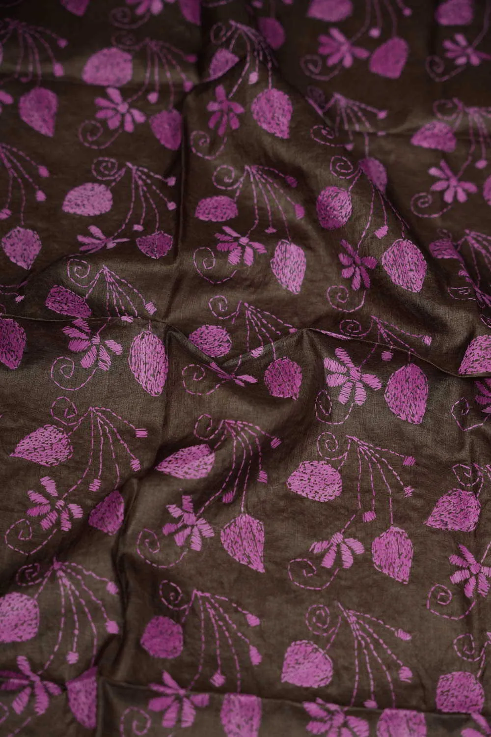 Brown with Pink Floral Kantha Silk Blouse