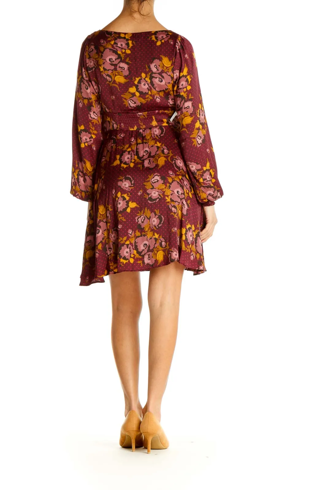 Burgundy Floral V-Neck Empire Waist Dress