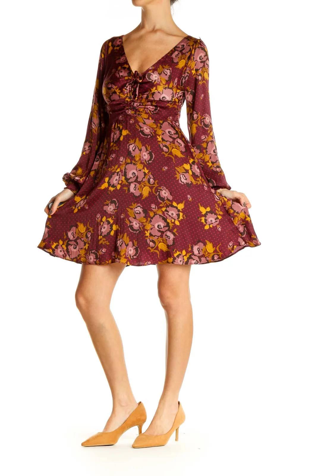 Burgundy Floral V-Neck Empire Waist Dress