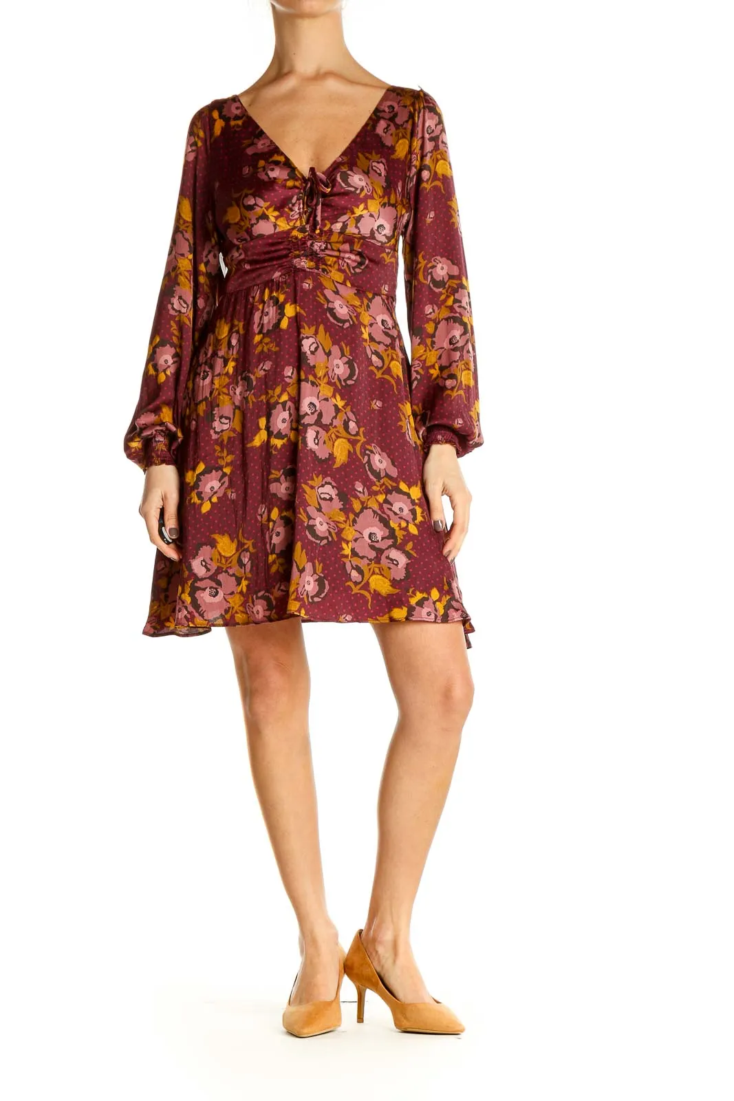 Burgundy Floral V-Neck Empire Waist Dress