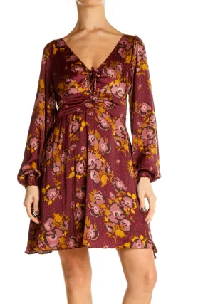 Burgundy Floral V-Neck Empire Waist Dress