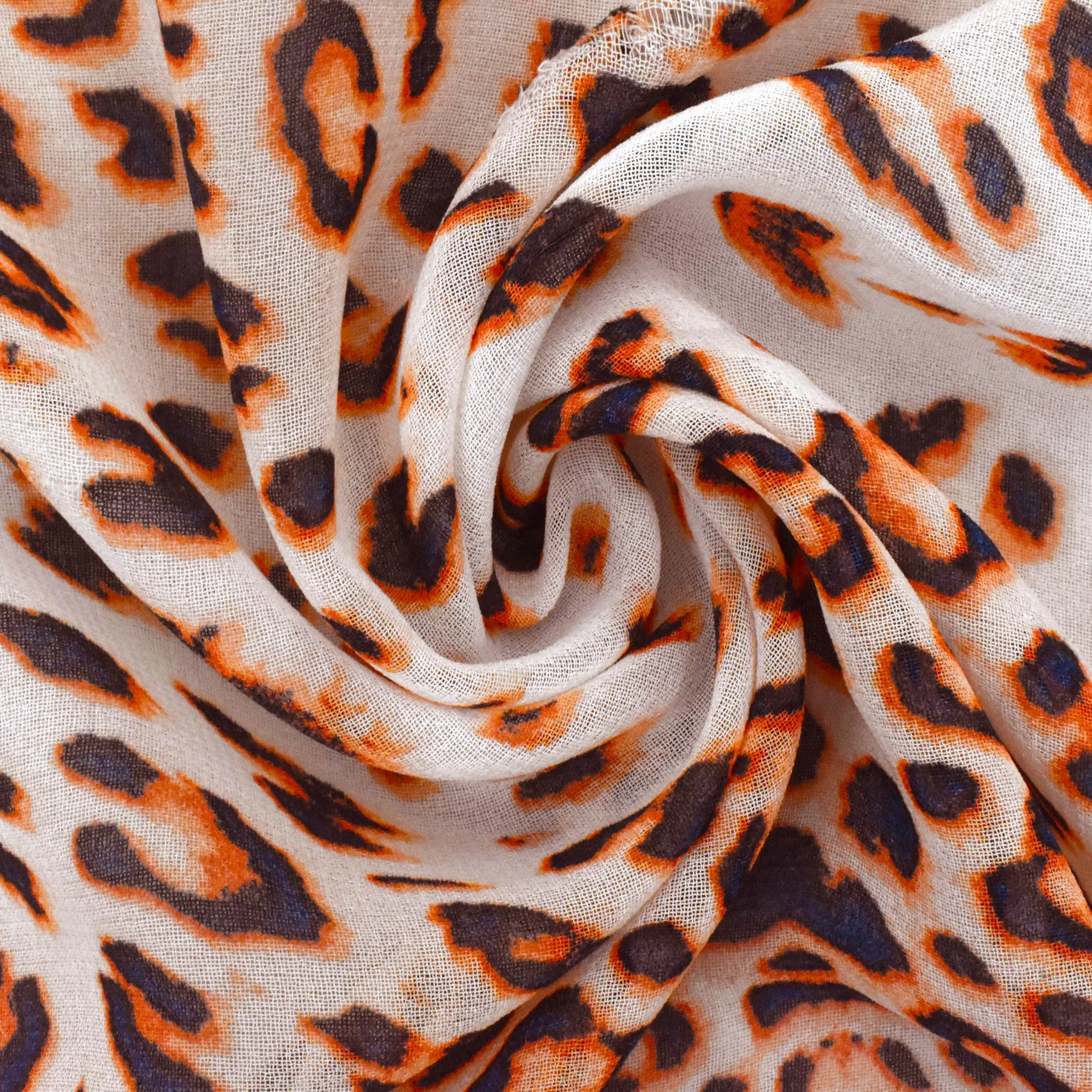 Burnt Orange-Navy-Ivory Leopard Printed Poly Chiffon Woven Fabric