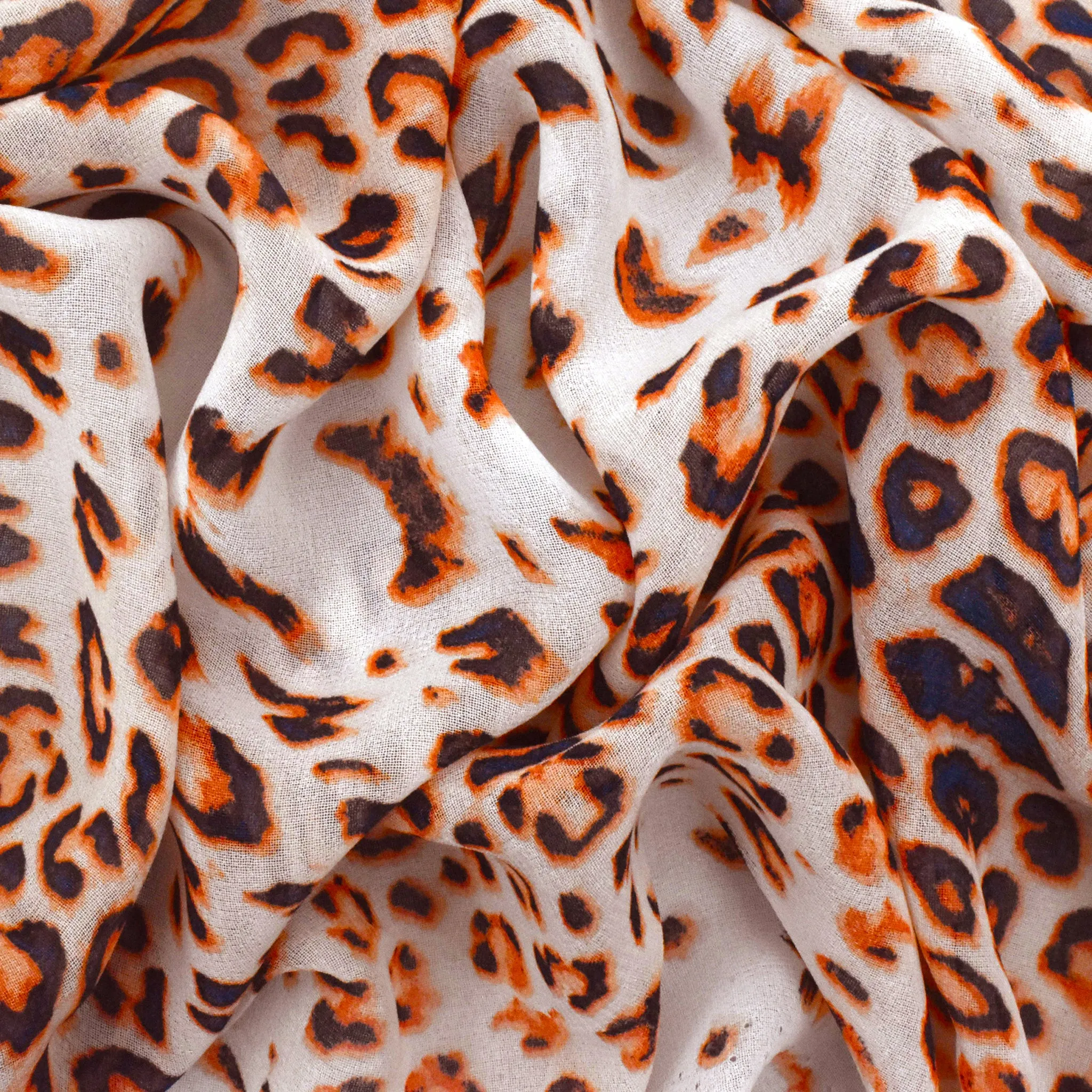 Burnt Orange-Navy-Ivory Leopard Printed Poly Chiffon Woven Fabric