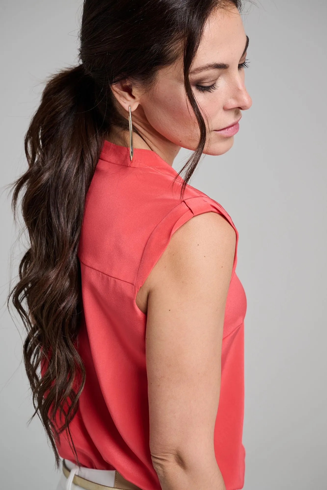 Cap Sleeve Blouse - Crepe de Chine - Capri Coral