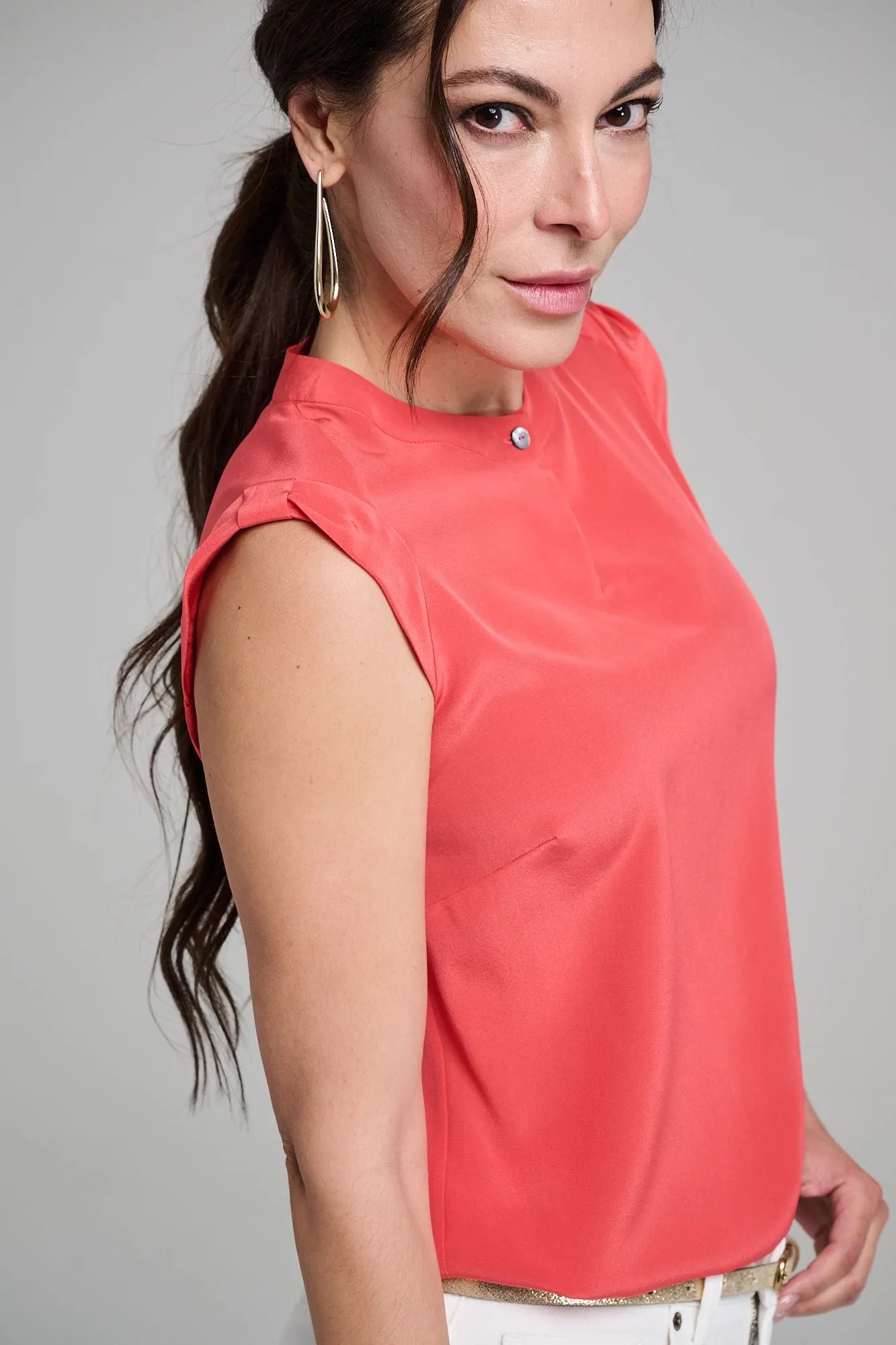 Cap Sleeve Blouse - Crepe de Chine - Capri Coral