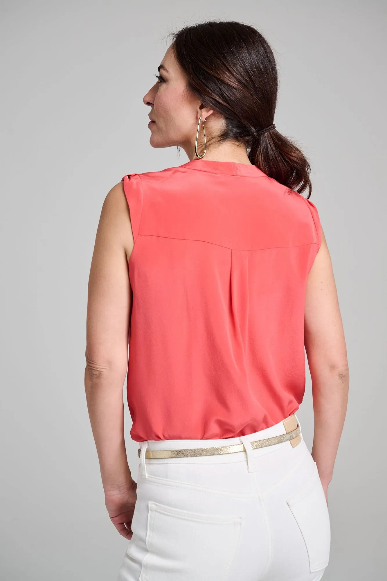 Cap Sleeve Blouse - Crepe de Chine - Capri Coral