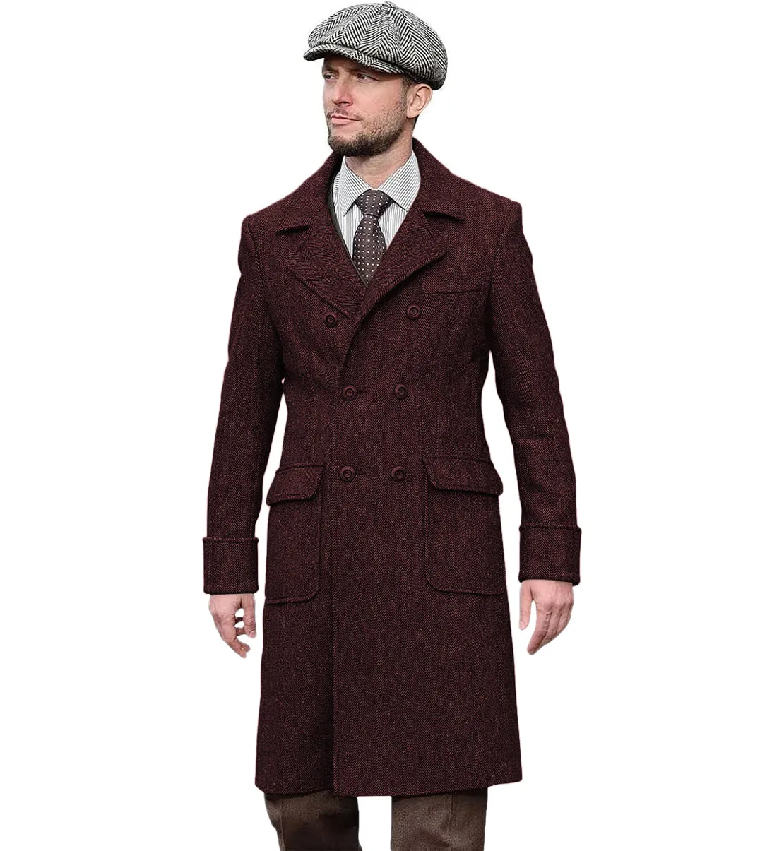 Casual Trench Coat Men Double Breasted Notch Collar Tweed Herringbone Coat Winter Wedding