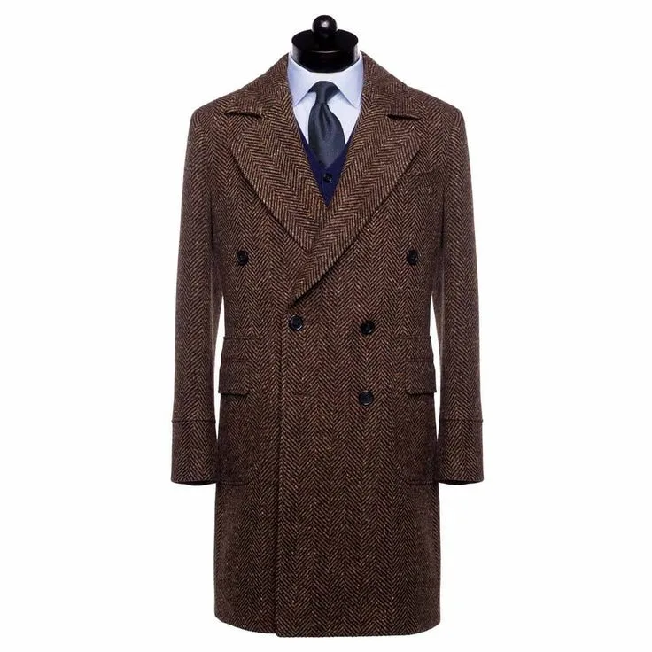 Casual Trench Coat Men Double Breasted Notch Collar Tweed Herringbone Coat Winter Wedding