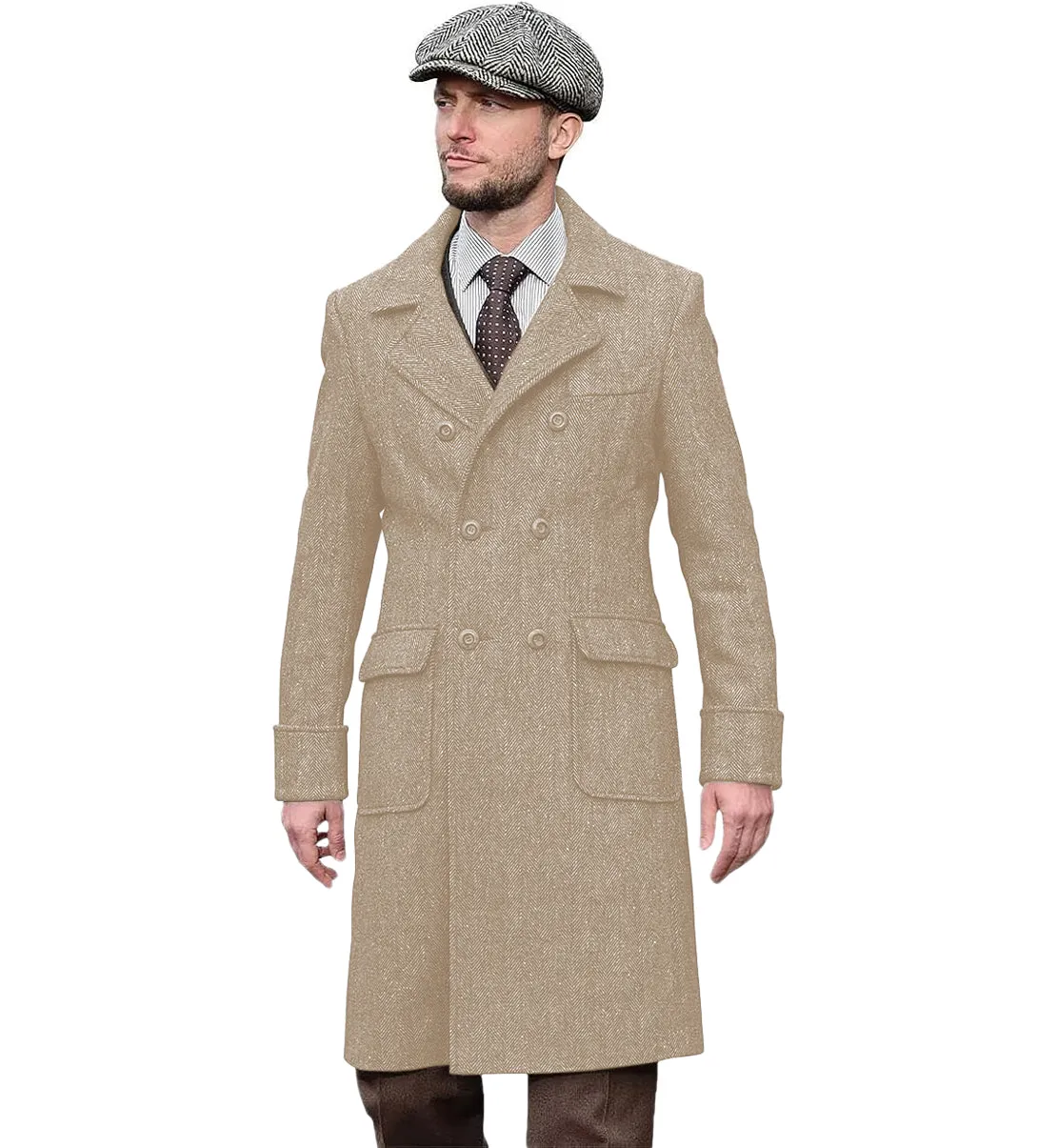 Casual Trench Coat Men Double Breasted Notch Collar Tweed Herringbone Coat Winter Wedding