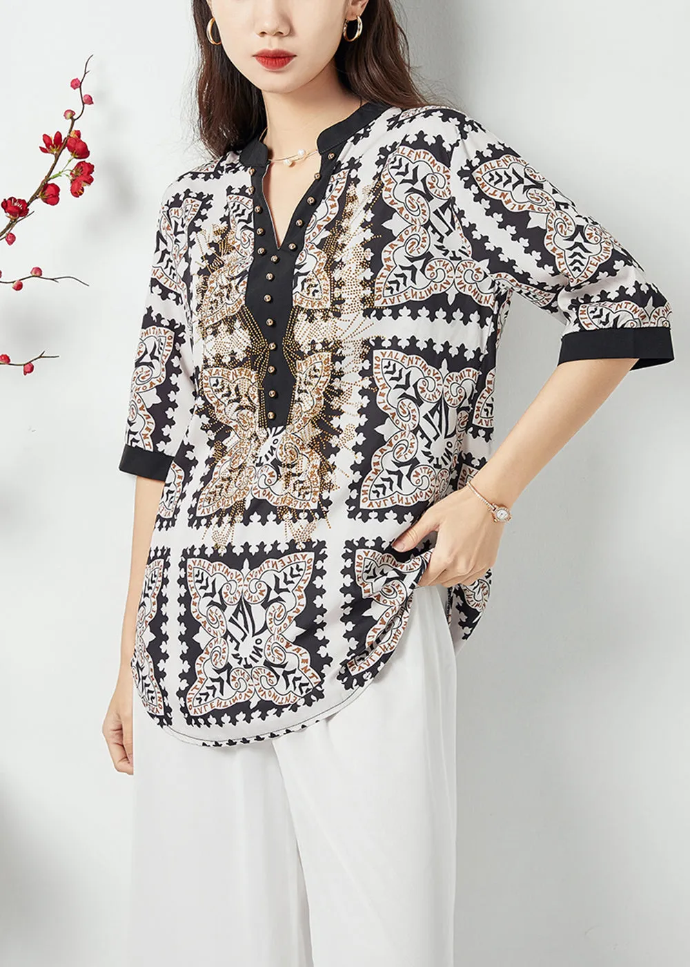 Chic Black V Neck Print Draping Chiffon Blouses Summer LY1130